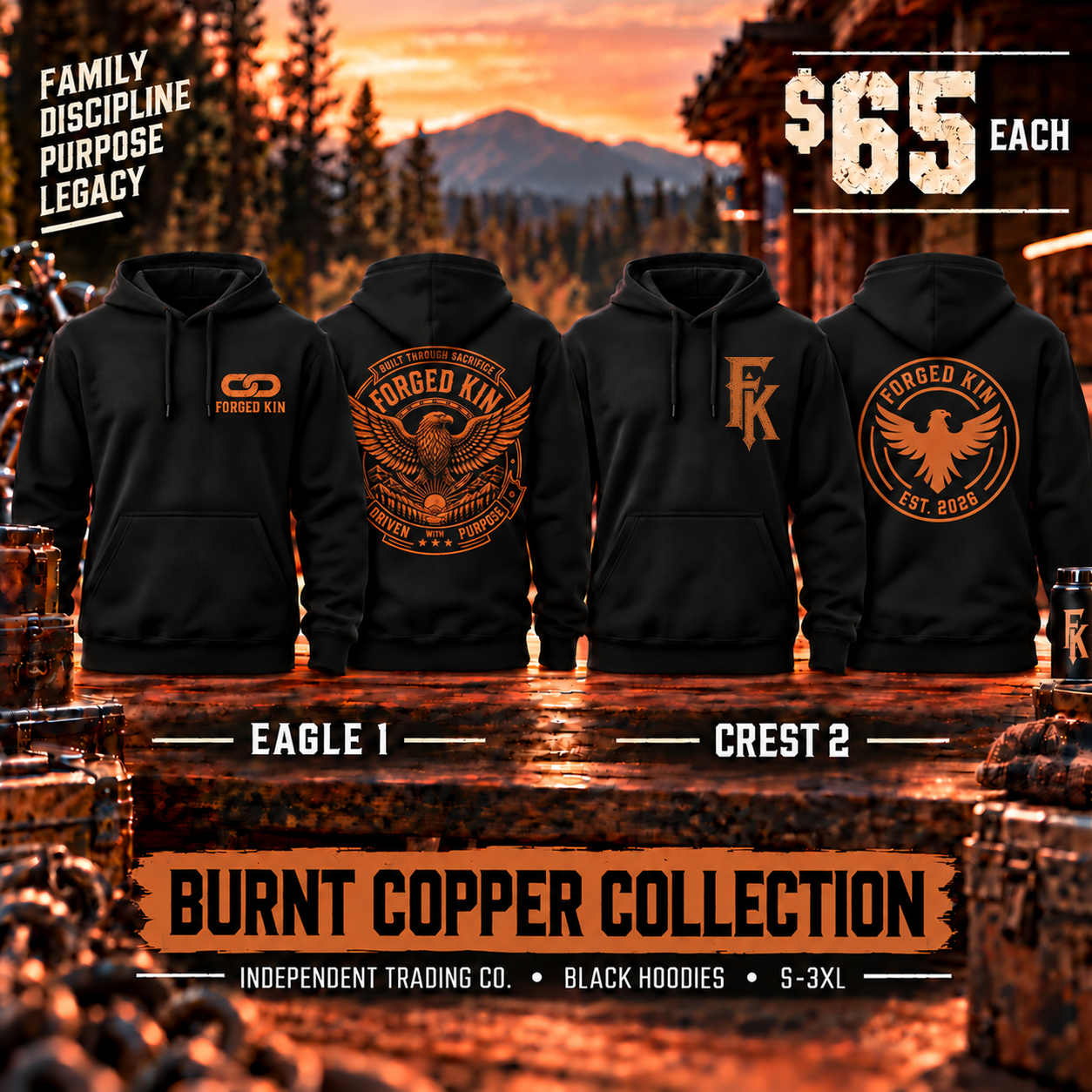 Eagle 1 and Crest 2 black hoodies with Burnt Copper artwork, front and back; $65 each