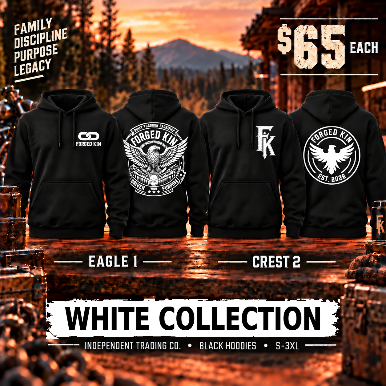 Eagle 1 and Crest 2 black hoodies with White artwork; $65 each