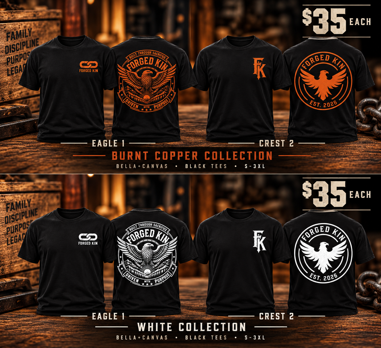Eagle 1 and Crest 2 black tees, front and back, in Burnt Copper and White; $35 each