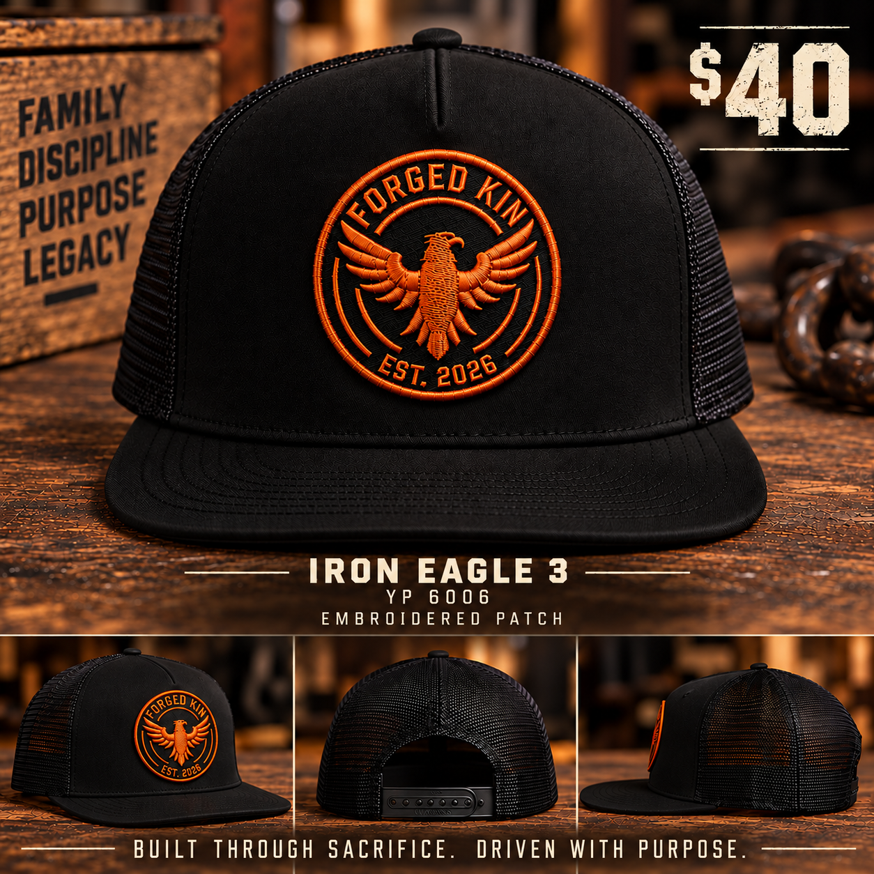 Eagle 3 embroidered eagle patch hat product mockup, labeled Iron Eagle 3, $40