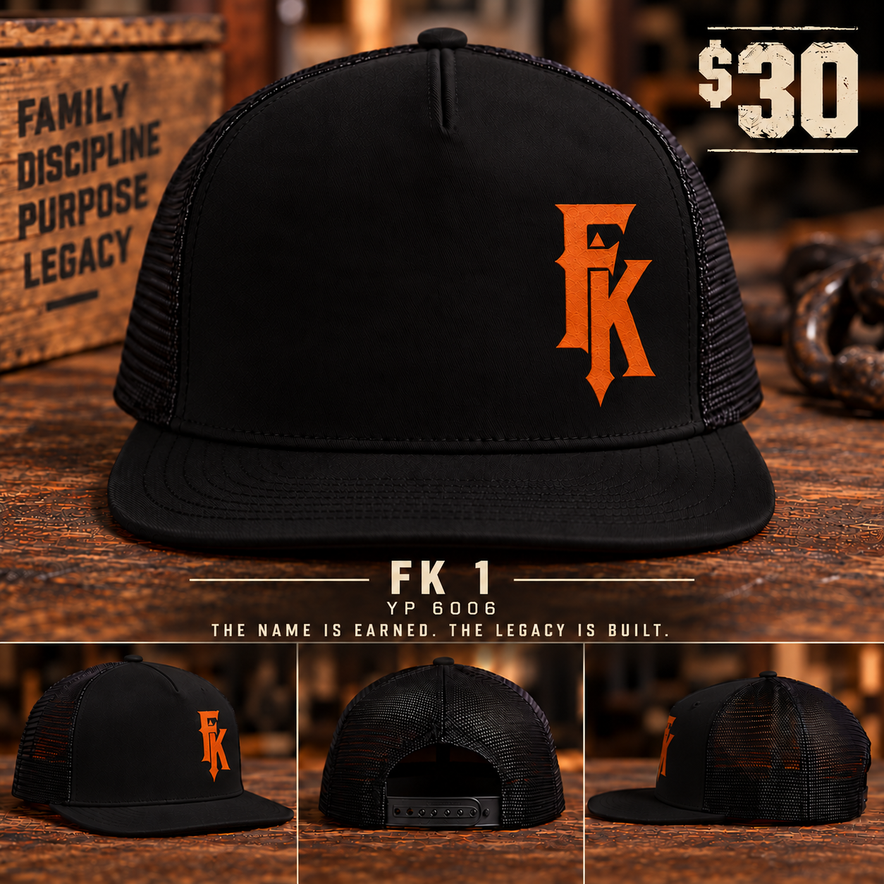 FK 1 monogram hat product mockup, front and side views, $30
