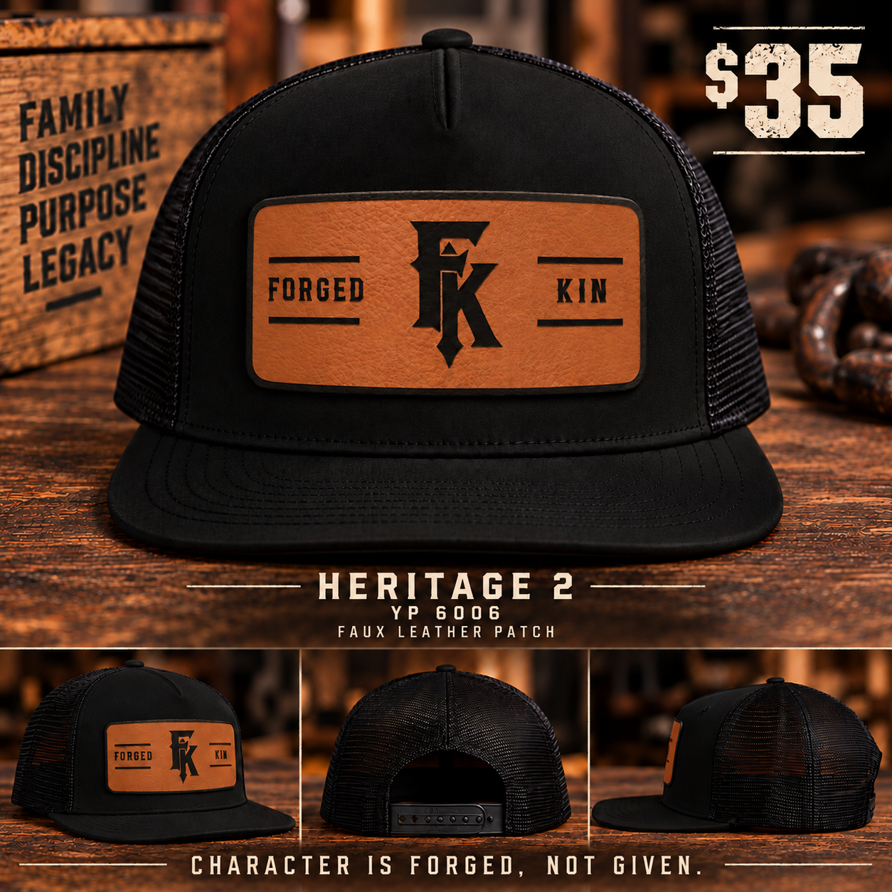 Heritage 2 faux leather patch hat product mockup, front and side views, $35